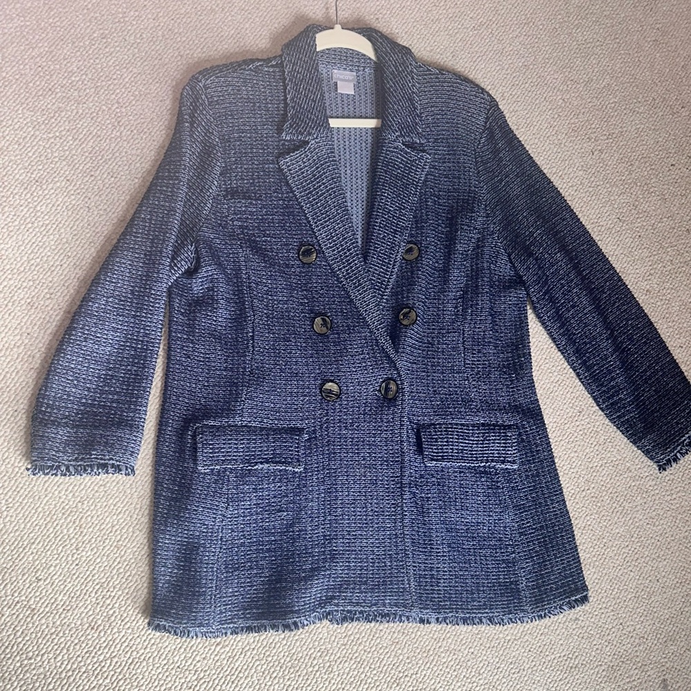 NWOT Chico’s Denim Blue Fringed Sweater Jacket/Cardigan size 3/US 14. - Picture 2 of 12